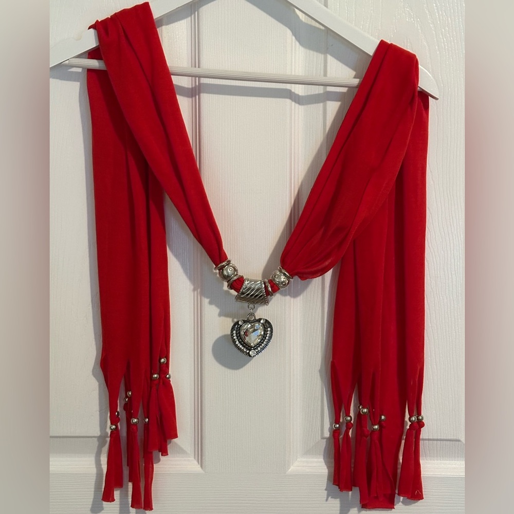 Red Cotton T-Shirt Scarf with Rhinestone Heart Silver Tone Hardware